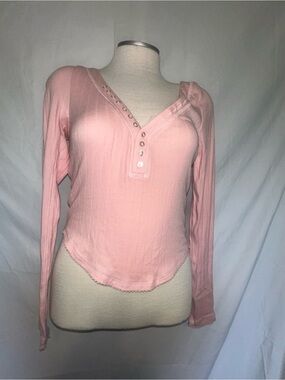 Free People Blush Pink Ribbed Long Sleeve Henley